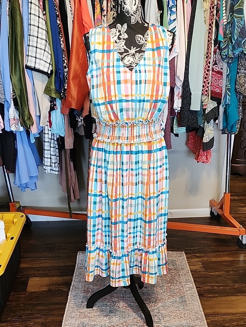 Cato Multicolor Plaid V-Neck Tiered Midi Dress